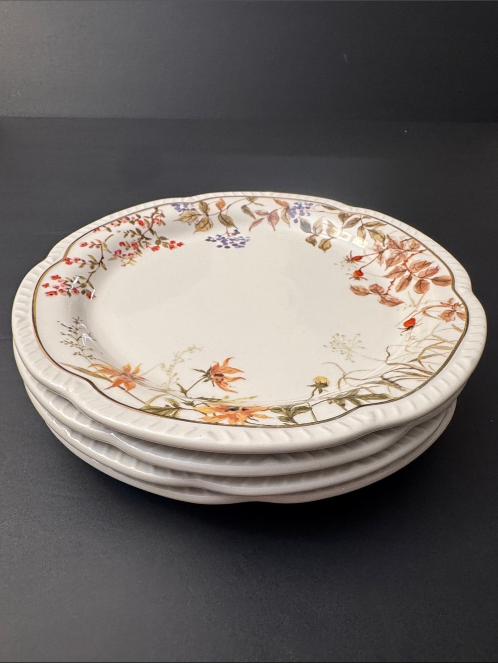 NWOT 4pc Potter's Studio Scalloped Stoneware Fall Leaves Trim Dinner Plates - Picture 8 of 9